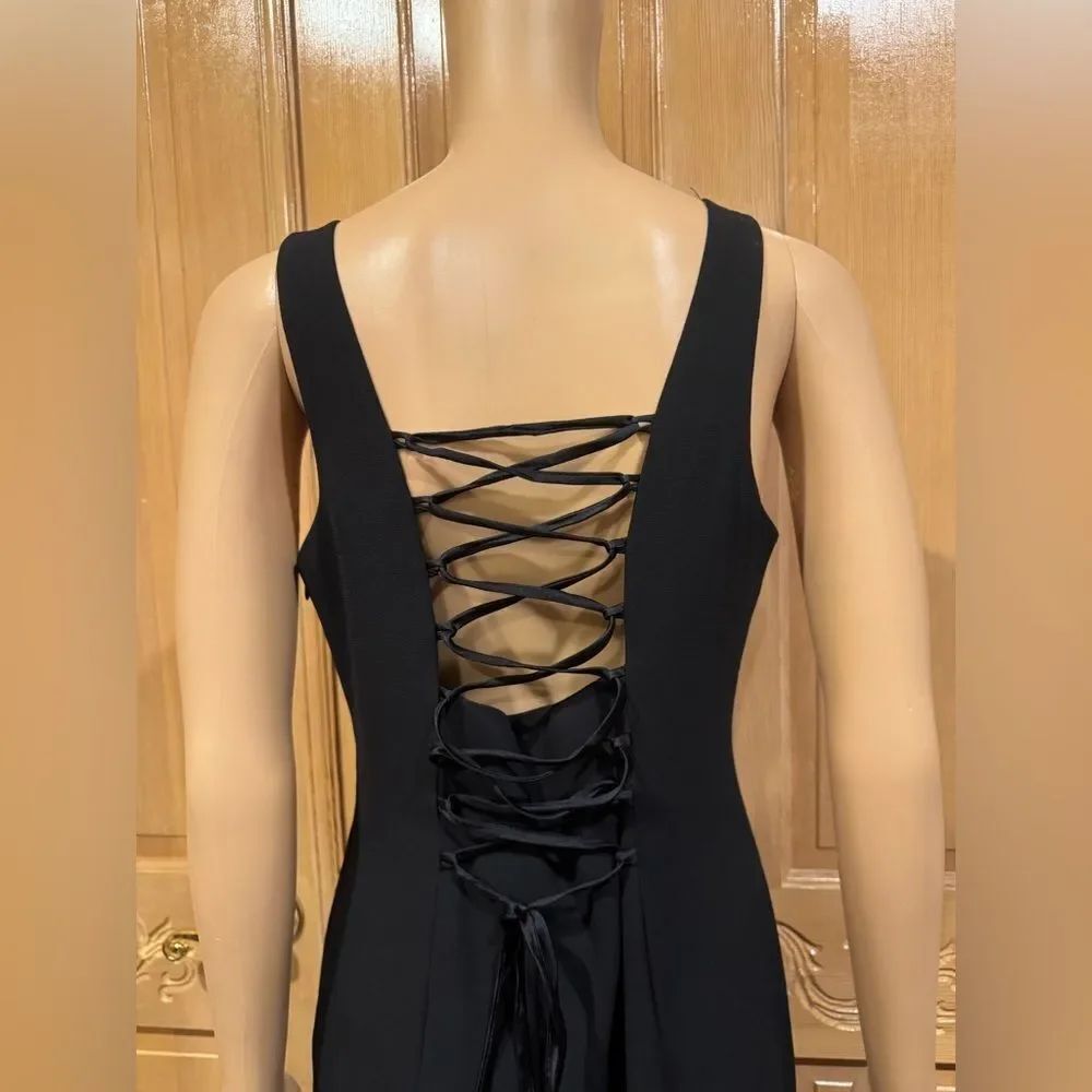 Ann Taylor Black Corset tie Back Sleeveless hi-Slit Maxi Dress Sz 10 - Picture 7 of 10